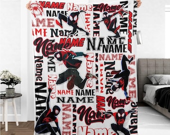 Personalize Name Spiderman Miles Fleece Blanket, Custom Name Sherpa Throw for Kids, Birthday Gift, Baby Shower, Gift for Boy and Girl
