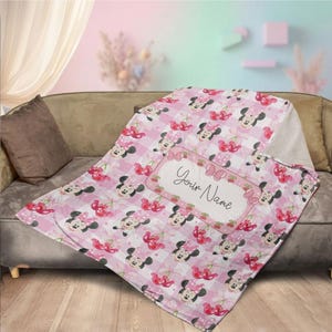 Charming Minnie Mouse Cherry Fruit Personalized Custom Name Blanket Baby Name Blanket Pink Plaid Gingham Soft Fleece Throw Summer Nursery image 4