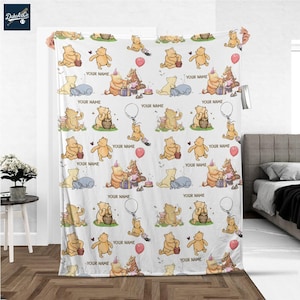 Personalize Winnie The Pooh Classic Retro Fleece Blanket – Custom Name Disney Throw for Kid, Birthday Gift, Baby Shower