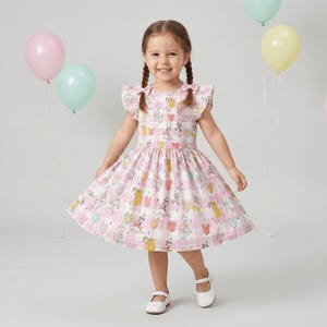 May include: A pink and white checkered dress with a cartoon character print. The dress has flutter sleeves and a full skirt. The child is wearing white shoes and is surrounded by balloons in pastel colors.