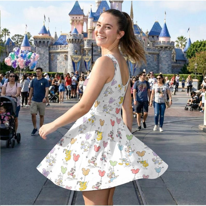 Vintage Sketch Art Skater Dress, Mickey Mouse Balloon Outfit, Retro Disney Park Costume, Magic Kingdom Birthday Party Clothing immagine 4