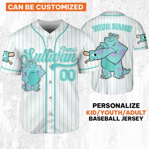 Custom Disney Monster Inc James Sullivan Baseball Jersey, Gift for Kids, Disney Birthday Gift, Gift For Baseball Fans