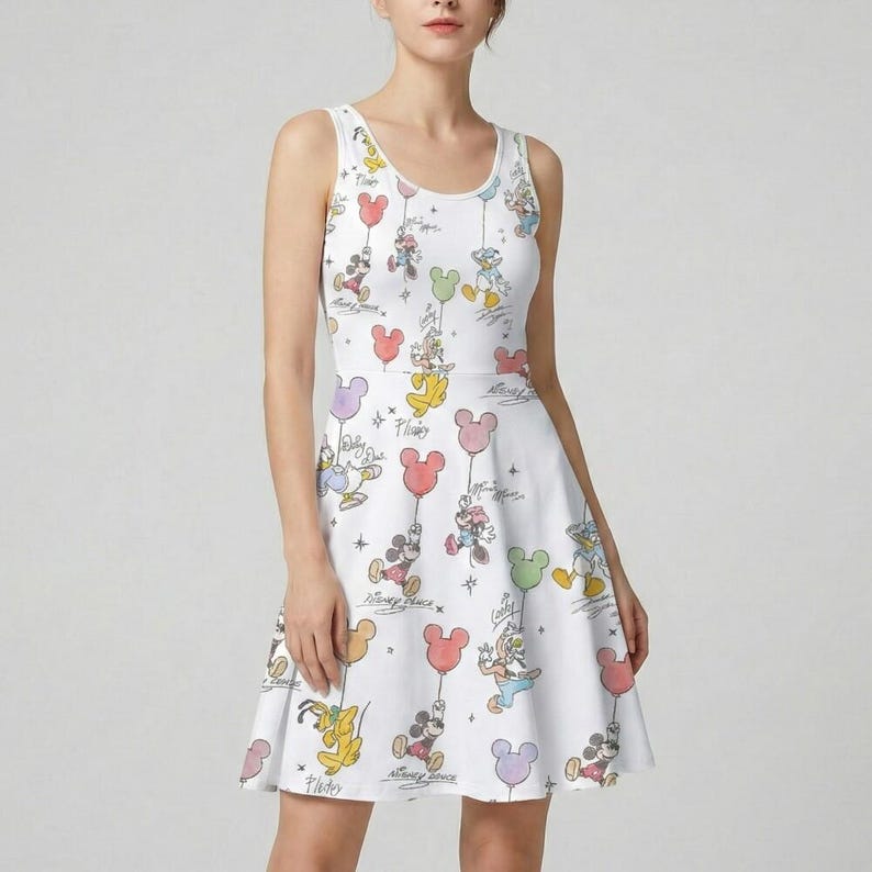 Vintage Sketch Art Skater Dress, Mickey Mouse Balloon Outfit, Retro Disney Park Costume, Magic Kingdom Birthday Party Clothing immagine 1