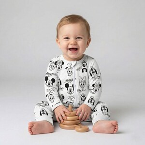 Minimalist Black Line Mickey and Friends Zippy Romper, Hand Drawn Sketch Minnie Donald Goofy Pluto Apparel, Newborn Baby Shower Gift Idea