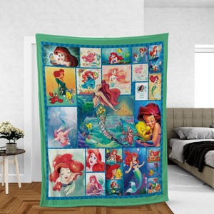 Personalize Disney Mermaid FansArt Blanket, Custom Name Sherpa Throw for Kids, Birthday Gift, Baby Shower, Gift for Boy and Girl