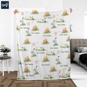 Personalize Winnie The Pooh Cute Fleece Blanket – Custom Name Disney Throw for Kid, Birthday Gift, Baby Shower, Gift for Boy and Girl