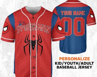 Personifiera Disney Spider-Man blå och röd tröja, superhjälte-tröjalag, hjälte-tröjapresent, Spider-Man basebolllagsoutfit