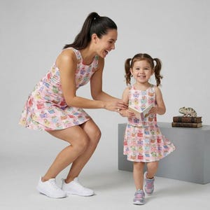 May include: A woman and a young child wearing matching pink dresses with a colorful gift box pattern. The woman is smiling and the child is holding a book. Both are wearing white sneakers.