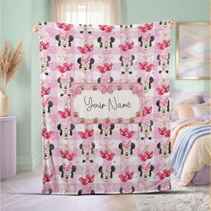 Charming Minnie Mouse Cherry Fruit Personalized Custom Name Blanket Baby Name Blanket Pink Plaid Gingham Soft Fleece Throw Summer Nursery image 2