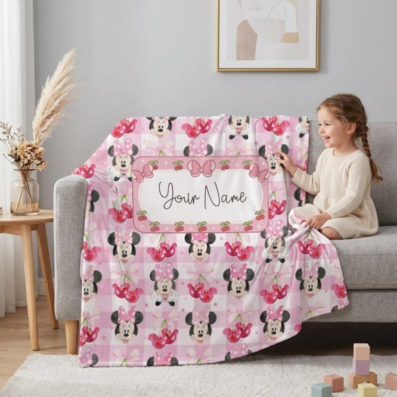 Charming Minnie Mouse Cherry Fruit Personalized Custom Name Blanket Baby Name Blanket Pink Plaid Gingham Soft Fleece Throw Summer Nursery image 1