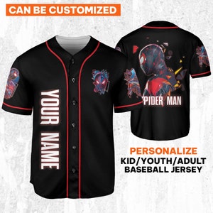 Personalisieren Sie Retro Neon Spider Man Miles Morales über das Spinnen-Vers-Jersey, das Superheld-Jersey-Team, das Helden-Jersey, das Spider-Man-Baseballteam