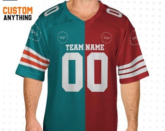Maglia personalizzata divisa a metà, due squadre, rossa e verde acqua, nome della squadra di calcio personalizzato, logo, numero, regali di Natale per lui, regalo per lei
