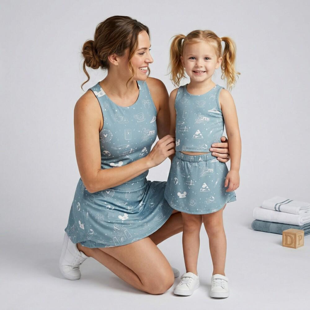 Discover Magical Vacation Activewear Mommy and Me, Mickey Minnie Icons Blue Line Art, runDisney Summer Trip 2026, Matching Tennis Skirt Tank Set