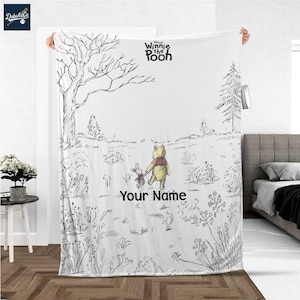 Personalize Winnie The Pooh Classic Sketch Fleece Blanket – Custom Name Disney Throw for Kid, Birthday Gift, Baby Shower