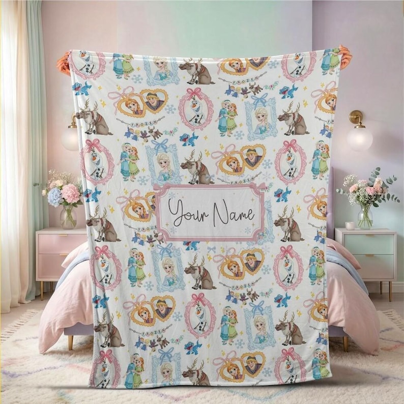 Strahlende Eiskönigin Elsa Anna personalisierte individuelle Name Decke Olaf Schneeflocke weicher Fleece Überwurf Prinzessin Kinderzimmer Dekor Bettwäsche Bild 3