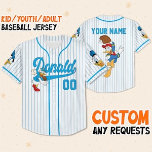 Camiseta de béisbol personalizada del Pato Donald de Disney, atuendo personalizado para el día del juego de béisbol de Disney para jugadores fanáticos del béisbol