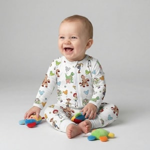 Playful Watercolor Toy Story Friends Zippy Romper, Woody Buzz Jessie Rex Mickey Balloon Design, Hollywood Studios Vacation Baby Pajamas Gift