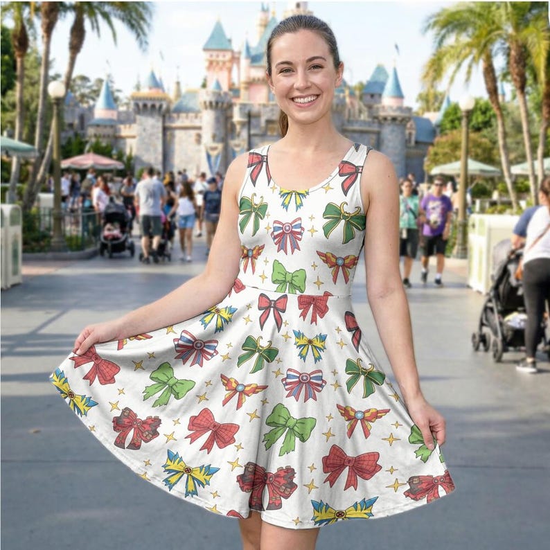 Comic Hero Ribbon Skater Dress, Marvel Avengers Coquette Outfit, Captain America Loki Bow Costume, Geeky Girl Disneybound Clothing image 3