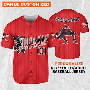 Benutzerdefinierte Spiderman Miles Morales Super Jersey, Superheld Jersey Team, Held Jersey Geschenk, Spider-Man Baseball Team Outfit, Spidey Geschenk für Kind