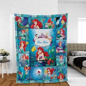 Personalize Disney Mermaid Happy Blanket, Custom Name Sherpa Throw for Kids, Birthday Gift, Baby Shower, Gift for Boy and Girl
