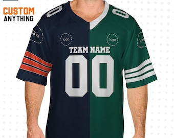 Maglia personalizzata divisa a metà, due squadre verde e blu navy, nome della squadra di calcio personalizzato, logo, numero, regali di Natale per lui, regalo per lei