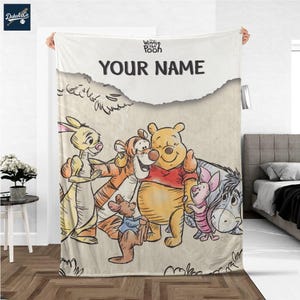 Personalize Winnie The Pooh Group Sketch Fleece Blanket – Custom Name Disney Throw for Kid, Birthday Gift, Baby Shower