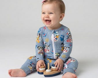 Refreshing Steel Blue Mickey and Friends Cruise Zippy Romper, Nautical Sailing Adventure Outfit, DCL Castaway Cay Vacation Baby Pajamas Gift