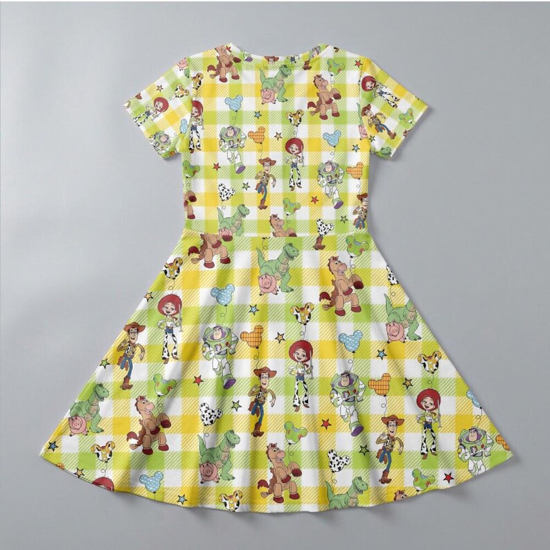 Vestido infantil de Disney Toy Story con estampado de globos, Woody, Buzz y Jessie, estampado de cuadros vichy, regalo para el Día de la Madre 2026, conjunto de verano. imagen 5