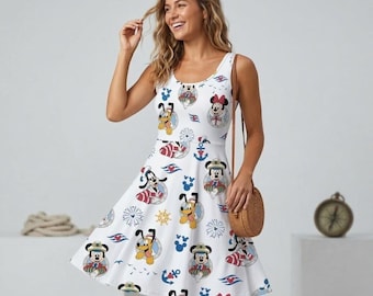 Maritime Cruise Skater Dress White, Mickey Minnie Sailor Team Print, Disney Cruise Line Vacation Outfit 2026, Summer Nautical Wear