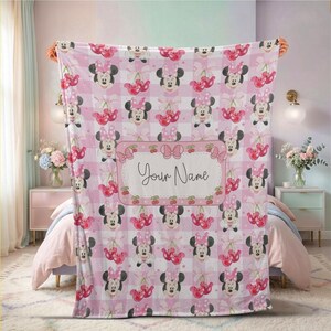 Charming Minnie Mouse Cherry Fruit Personalized Custom Name Blanket Baby Name Blanket Pink Plaid Gingham Soft Fleece Throw Summer Nursery image 3