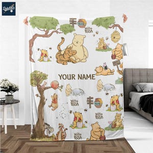 Personalize Winnie The Pooh Cute Classic Fleece Blanket – Custom Name Disney Throw for Kid, Birthday Gift, Baby Shower