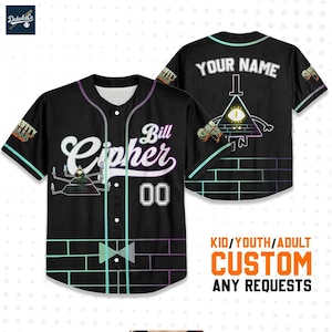 May include: Black baseball jersey with the text "Bill Cipher" and the number "00". The jersey features a pyramid and eye design, with the words "Gravity Falls" on the sleeves. The back of the jersey has a triangle character and the words "Your Name".