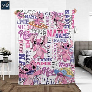 Personalized Disney Lilo and Stitch Angel Fleece Blanket – Custom Name Throw for Kids, Birthday Gift, Baby Shower, Gift for Boy and Girl