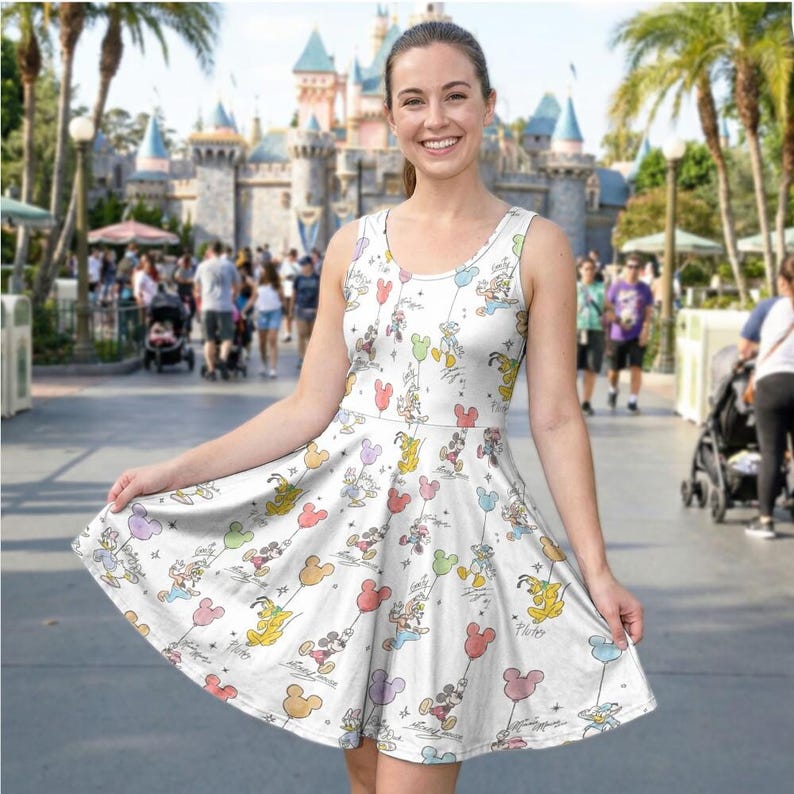 Vintage Sketch Art Skater Dress, Mickey Mouse Balloon Outfit, Retro Disney Park Costume, Magic Kingdom Birthday Party Clothing immagine 3