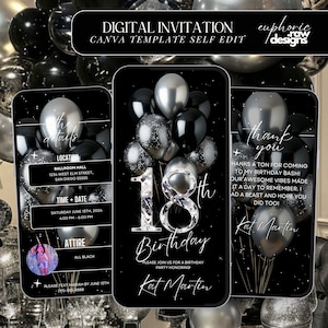 May include: Digital invitation template for an 18th birthday party. The design features black and silver balloons, with the text "18th Birthday" and event details. The invitation is a Canva template for self-editing.