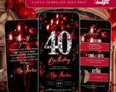 40th Birthday Invitation, Red Rose Birthday Dinner Invite, Glam 40th Celebration, Editable Canva Template