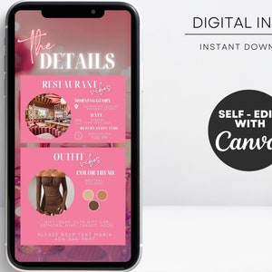 Op de afbeelding: Een roze en witte digitale uitnodiging voor een restaurant evenement. De uitnodiging bevat de naam van het restaurant, de datum, de tijd en de dresscode. Het bevat ook een link om te RSVP. De tekst op de uitnodiging luidt: "The Details", "Restaurant Vibes", "Morning Glory", "Date: June 19th 2022, Sunday", "Reservation Time: 7:00 PM", "Outfit Vibes", "Color Theme: Neutral Colors", "Gift Ideas: Ulta Gift Card, Sephora, Nike, Target, ASOS", "Please RSVP Text Maria 406-544-9697".