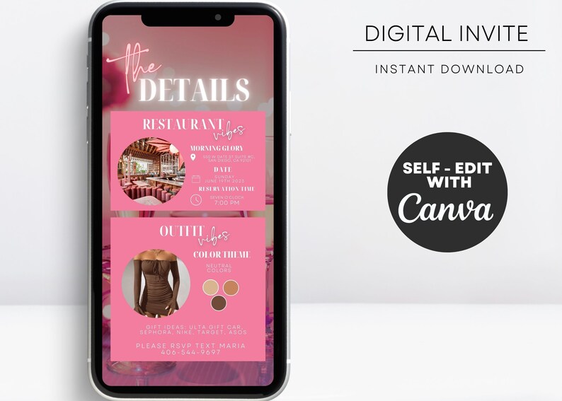 Op de afbeelding: Een roze en witte digitale uitnodiging voor een restaurant evenement. De uitnodiging bevat de naam van het restaurant, de datum, de tijd en de dresscode. Het bevat ook een link om te RSVP. De tekst op de uitnodiging luidt: "The Details", "Restaurant Vibes", "Morning Glory", "Date: June 19th 2022, Sunday", "Reservation Time: 7:00 PM", "Outfit Vibes", "Color Theme: Neutral Colors", "Gift Ideas: Ulta Gift Card, Sephora, Nike, Target, ASOS", "Please RSVP Text Maria 406-544-9697".