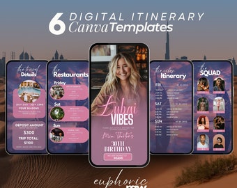 Puede incluir: Seis plantillas de itinerario digital para Canva. Las plantillas están diseñadas para un viaje de cumpleaños a Dubai. Las plantillas presentan una combinación de colores rosa y morado con un fondo de desierto. El texto en las plantillas incluye las palabras "Dubai Vibes", "The Travel Details", "The Restaurants", "The Vibes Itinerary" y "The Squad".