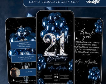Invitación azul marino para 21 cumpleaños: Cena glamurosa, plantilla editable (digital)