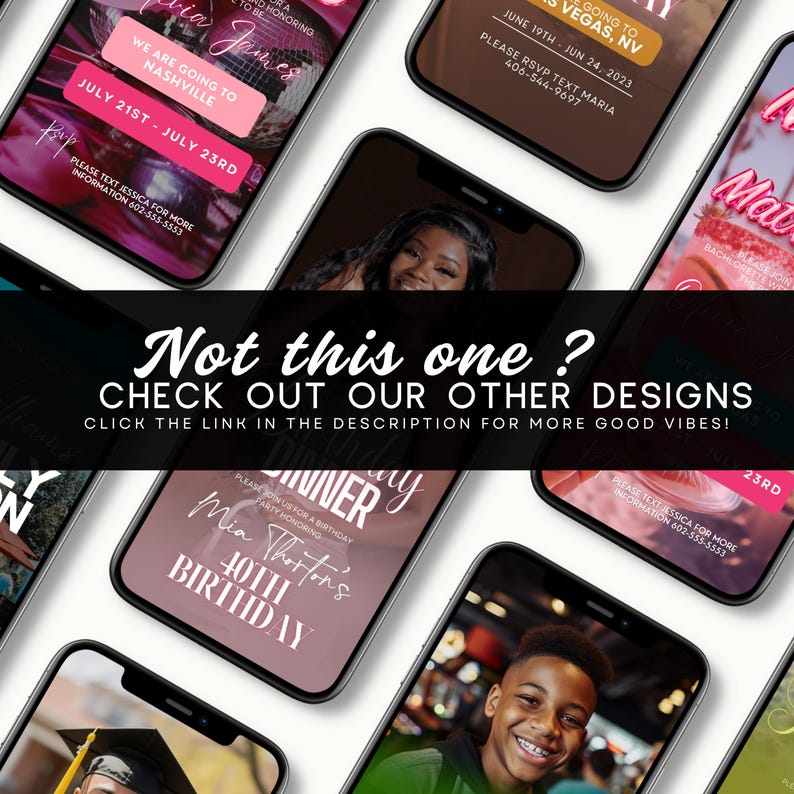 May include: A collection of digital phone invitations with various themes, including a birthday party, a bachelorette party, and a graduation party. The invitations are designed with pink, black, and white colors and feature text that says "Mia Thorton's 40th Birthday", "Going to Vegas", and "We are going to Nashville".