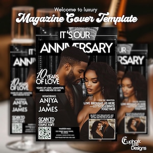 Puede incluir: Plantilla de portada de revista en blanco y negro. Presenta una pareja y el texto "It's Our Anniversary" y "10 Years of Love". Incluye códigos QR y detalles del evento para una celebración.