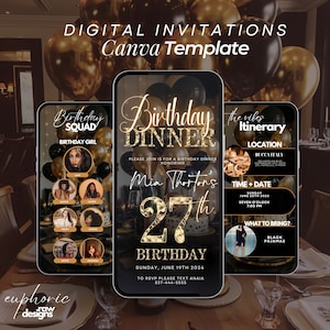 27th Birthday Dinner Invitation, Gold and Black, Animated Video Invite, Editable Template, Digital Party Evite, Itinerary & Text