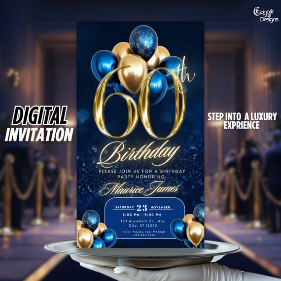 60th Birthday Blue Gold Invitation, 60th Invite Party Animated Elegant Balloons Evite, DIY Editable Party Itinerary Mobile Invite Men Women