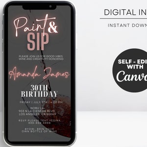 Digital Paint and Sip Invitation, Wine and Paint Birthday Invitation, Paint Party, Adult Painting Party Invite, Wine Tasting Party Invite