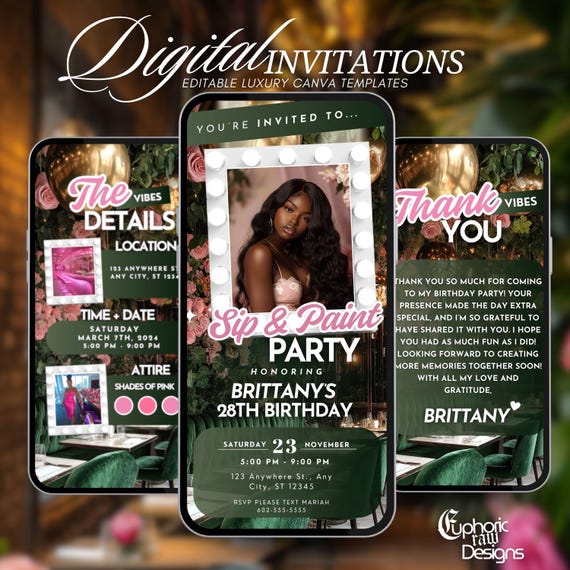 Pink Sip and Paint Party Digital Invitation, Cutesy Art Party Birthday Invite, DIY Animated Sip & Paint Birthday Card