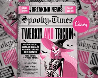 Trickin and Twerkin uitnodiging voor Halloween-feestje, girly Ghouls nacht verjaardagsdiner, roze glamour kostuum feestuitnodiging, bewerkbare canva-sjabloon