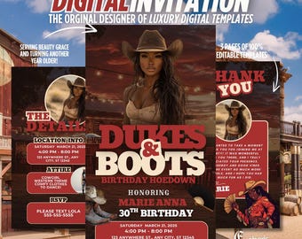 Western Birthday Party Invitation, Cowgirl Evite, Rodeo Theme Flyer, Hoedown Canva Template, Editable Digital Invite, Dukes and Boots Design