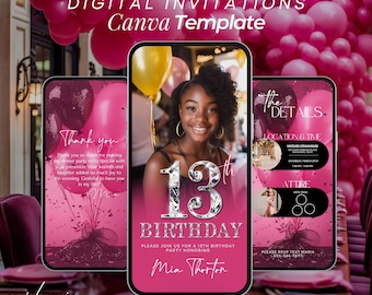 13th Birthday Invitation, Animated Birthday Evite, Diamond Floral Party Invite, Editable Itinerary Template, Digital Download