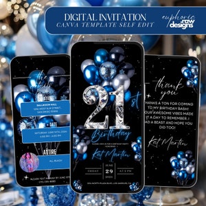 Puede incluir: Una invitación digital para una fiesta de cumpleaños número 21. La invitación presenta un diseño de globos azules y plateados con un gran 21 en forma de diamante. El texto de la invitación dice "Kat Martin 21st Birthday".